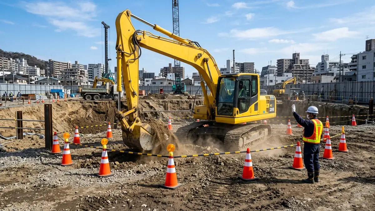 油圧ショベルの旋回範囲をカラーコーンで区画した建設現場の安全対策イメージ